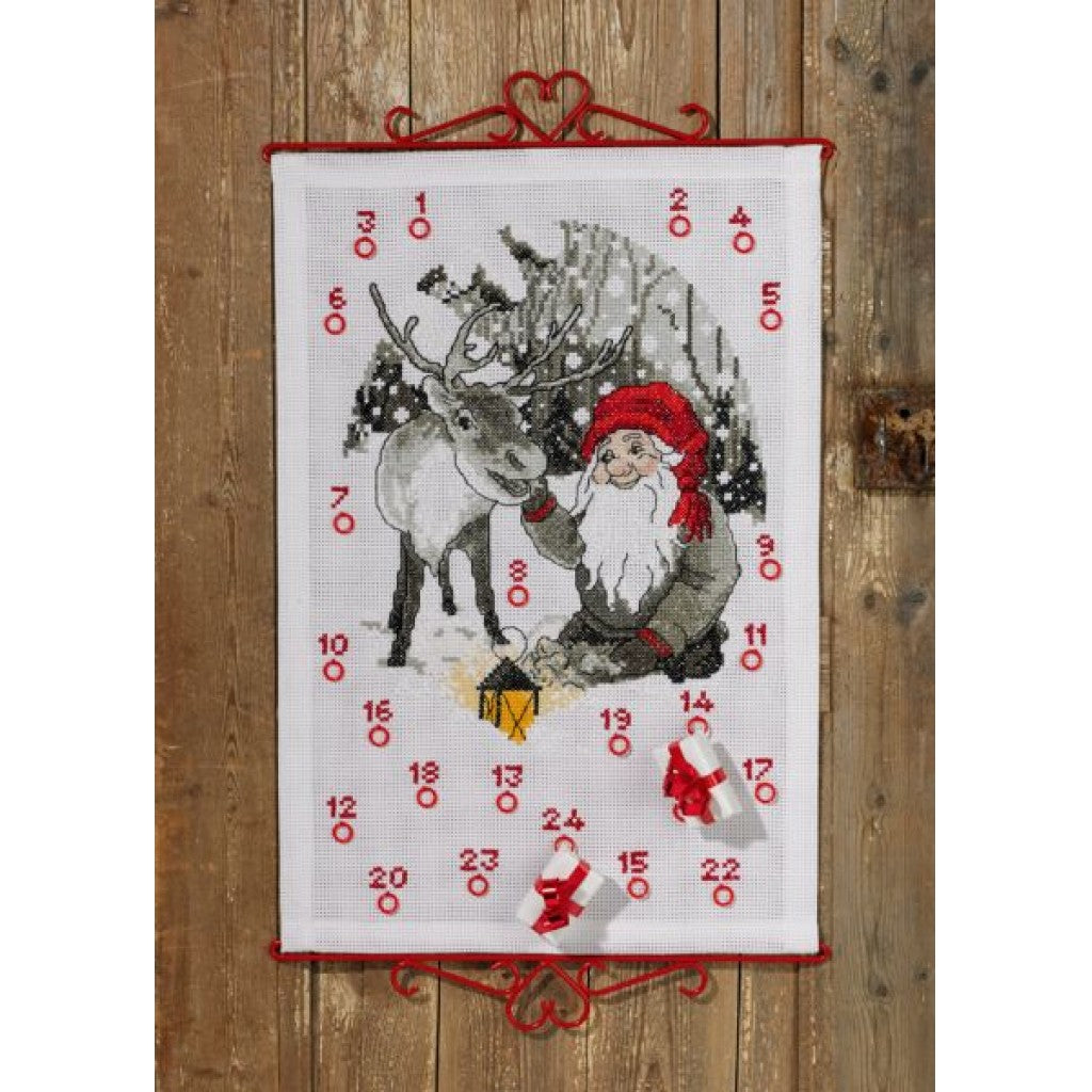 Korsstingsbroderi - Adventskalender Nisse & reinsdyr, 40x60